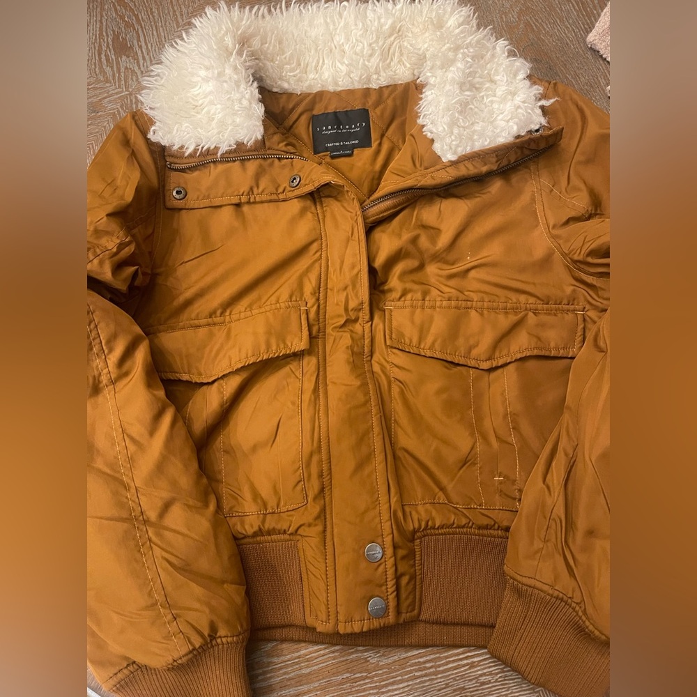 Sanctuary Women's Mustard Brown Puffer Jacket with Faux Shearling Collar